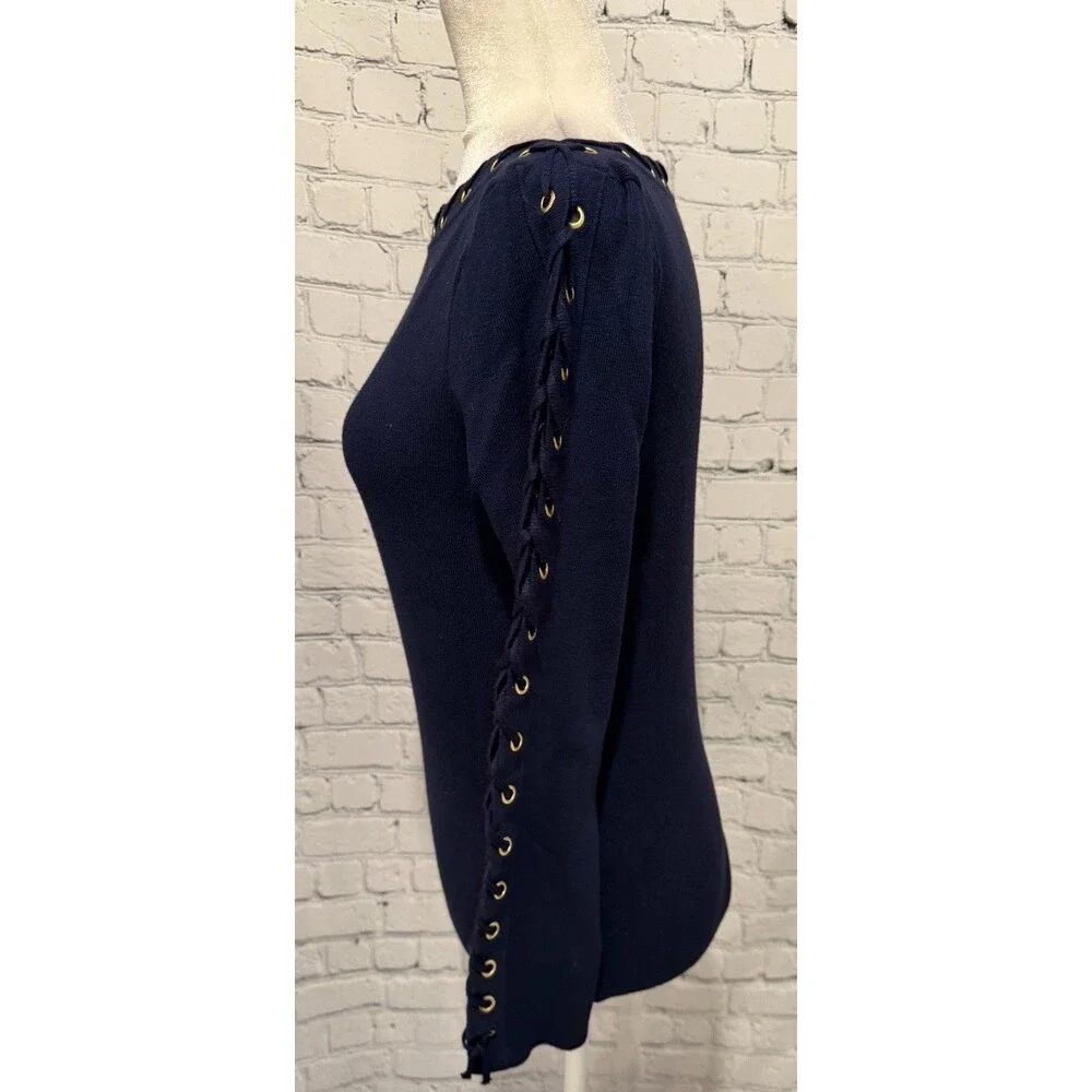 Venus Lace up neck and sleeve Navy blue Knit Sweater Size Large - Picture 2 of 7